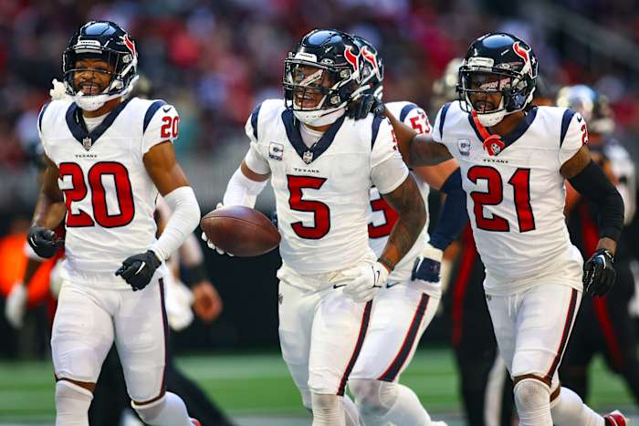 Jalen Pitre (No. 5) has quickly become a key cog for the Houston Texans.